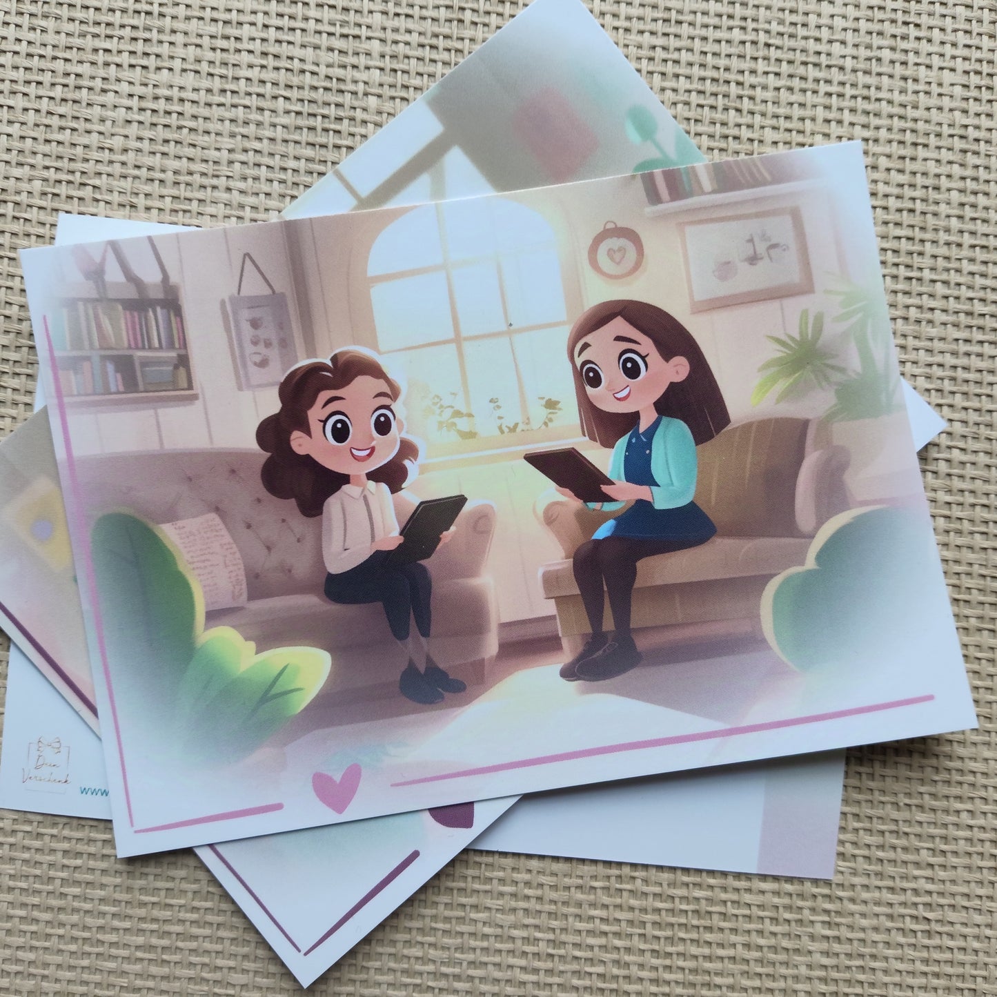 Postkarte mit Hannah, die mit ihrer Bibelschülerin bei einer Tasse Tee in einem Wohnzimmer sitzt und sich über ein biblisches Thema unterhält.
