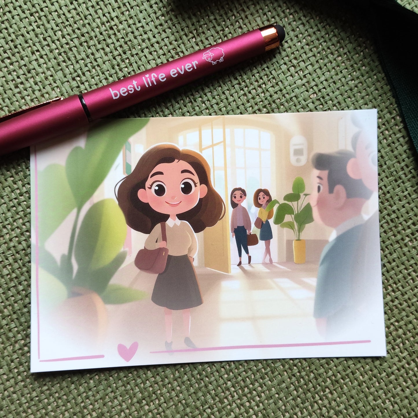 Postkarte mit Hannah, die den Königreichssaal betritt, lächelnd und voller Freude auf das Programm und die Gemeinschaft.