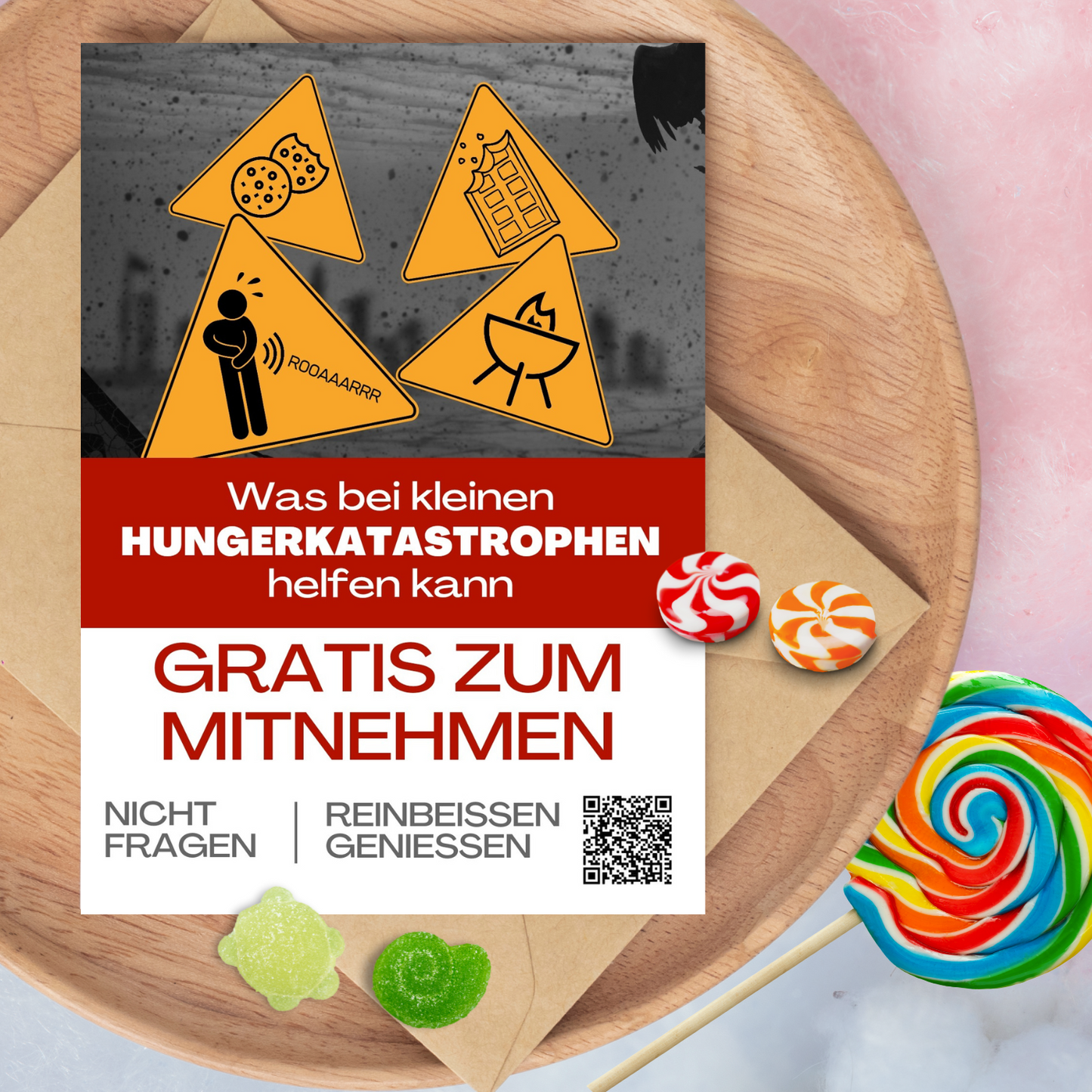 Postkarte "Hungerkatastrophe" mit humorvollem Motiv, inspiriert von der Idee, wie Süßigkeiten jede Hungerkatastrophe überstehen helfen. Perfekt für die Pionierschule, Ältestenschule oder als fröhliche Aufmunterung.