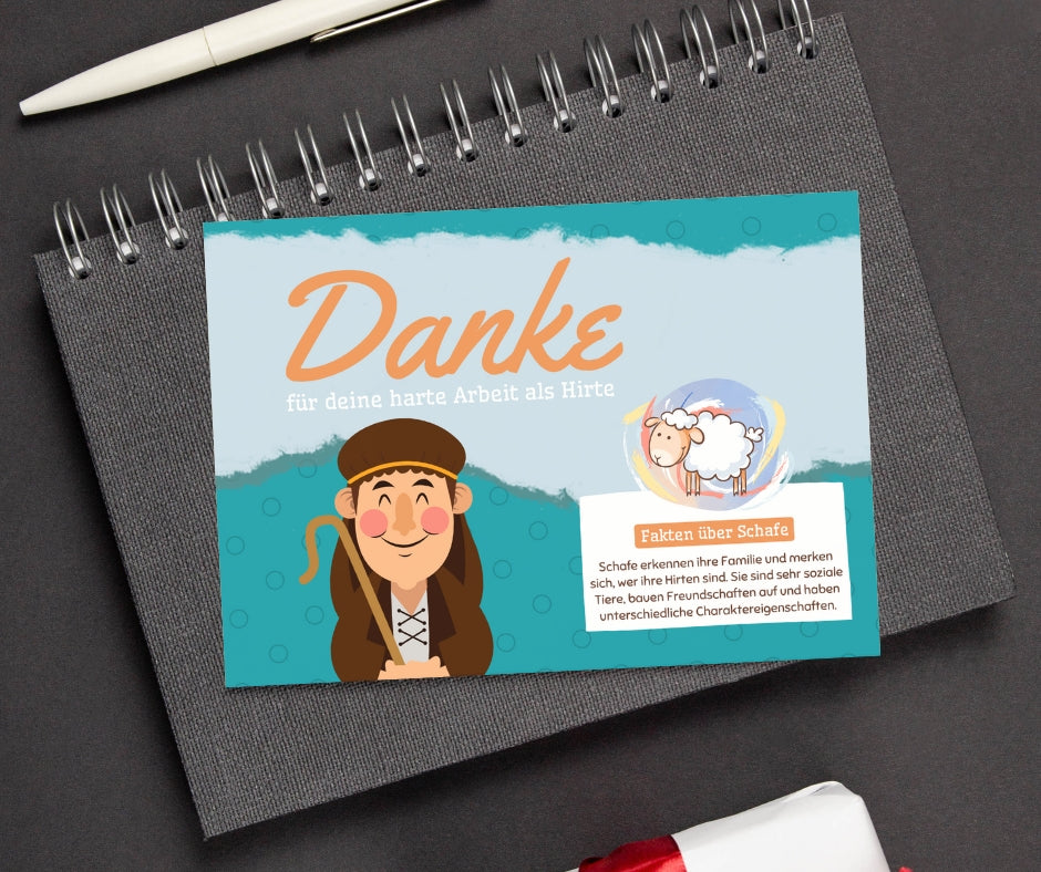 Postkarte "Danke Hirte" mit humorvollem Schafmotiv und witzigem Text. Eine fröhliche Art, Ältesten Wertschätzung zu zeigen – ideal für die Ältestenschule, nach einem Kongress oder als kleines Dankeschön zwischendurch.