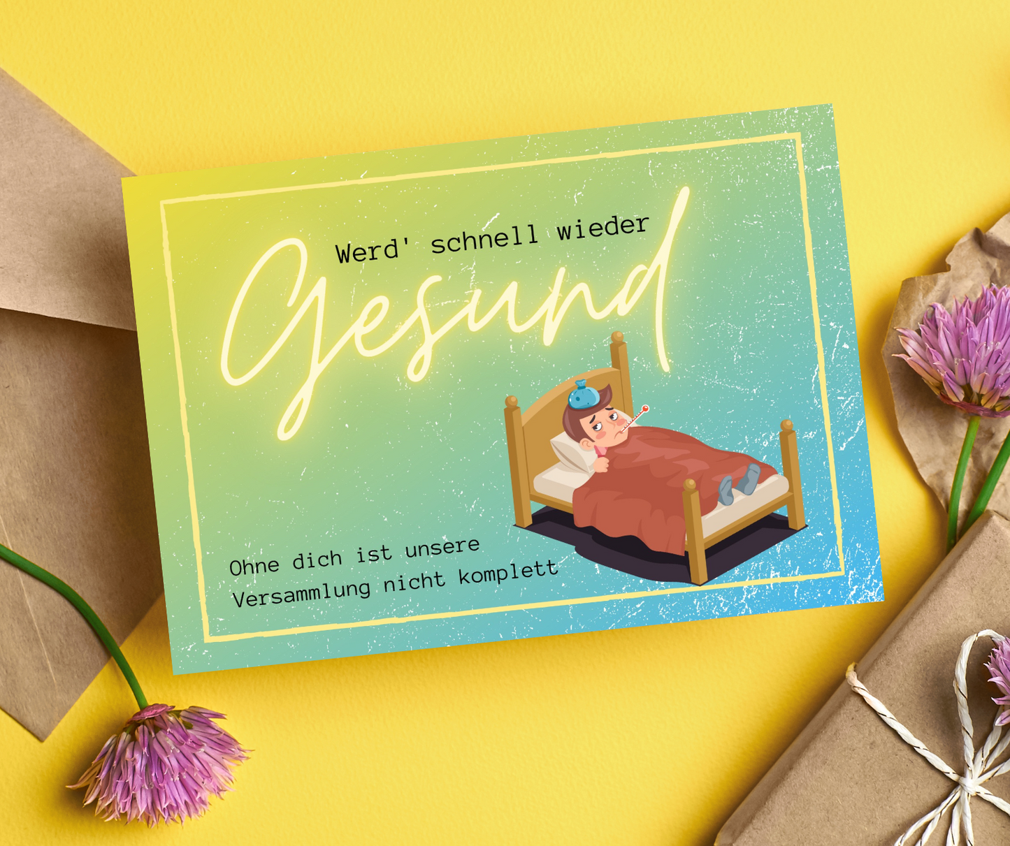 Postkarte "Gesund" mit fröhlichem Comic-Motiv eines kranken Mannes im Bett. Eine liebevolle Geste, die Trost, gute Besserungswünsche und Wertschätzung vermittelt.