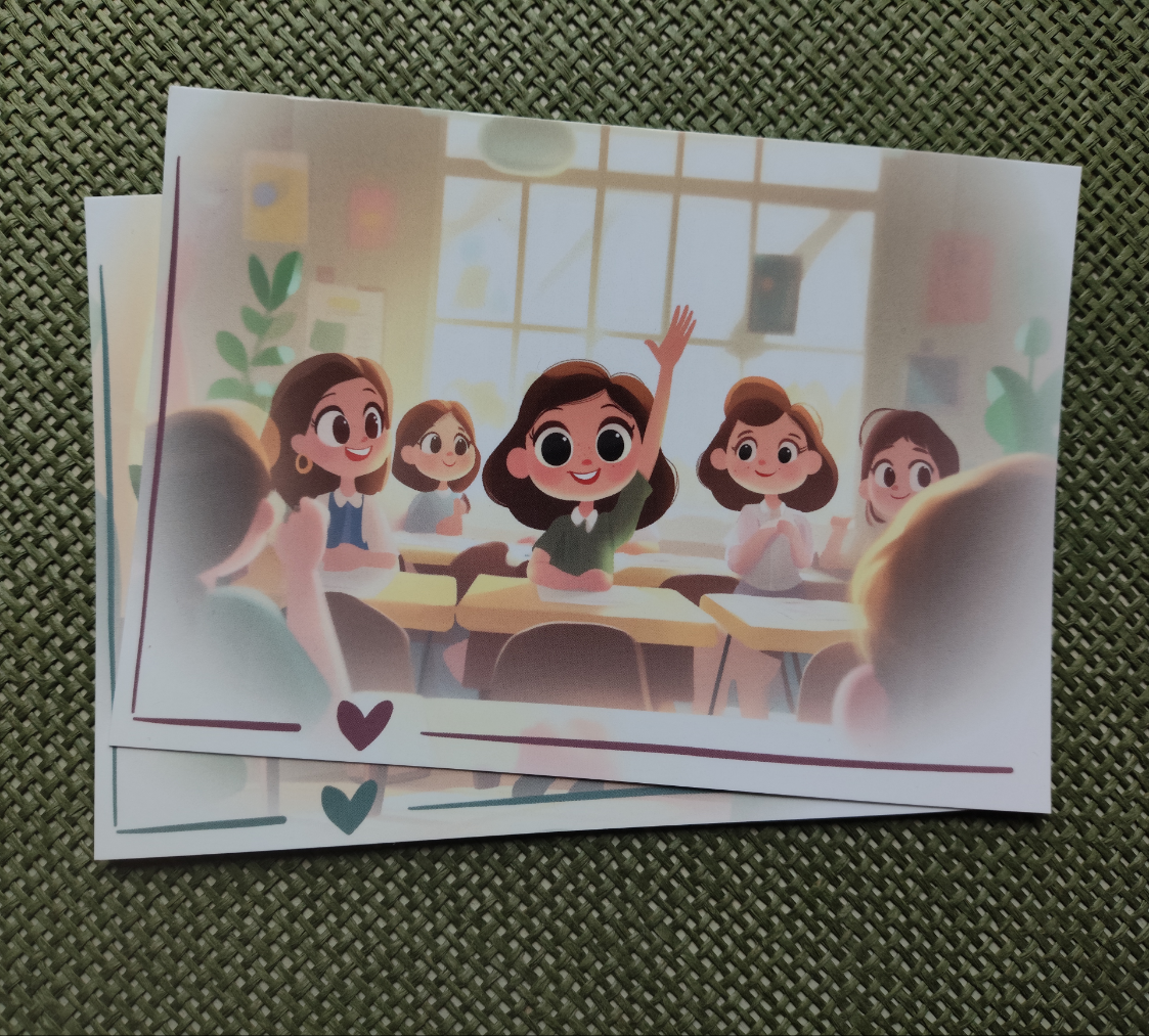 Postkarte mit Hannah, die in der Pioschule sitzt, sich meldet und von interessierten Mitschülern umgeben ist.