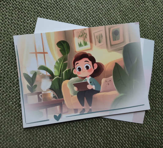 Postkarte mit Hannah, die auf der Couch sitzt, ein Tablet in der Hand hält und eine Tasse Tee neben sich stehen hat. Sie schaut fröhlich und entspannt.