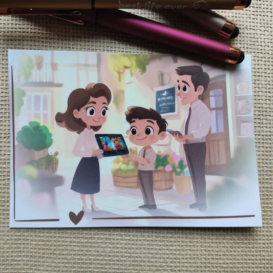 Postkarte mit Hannah, die auf einem Markt einem Jungen ein Video auf ihrem Tablet zeigt, während der Junge gespannt zusieht.