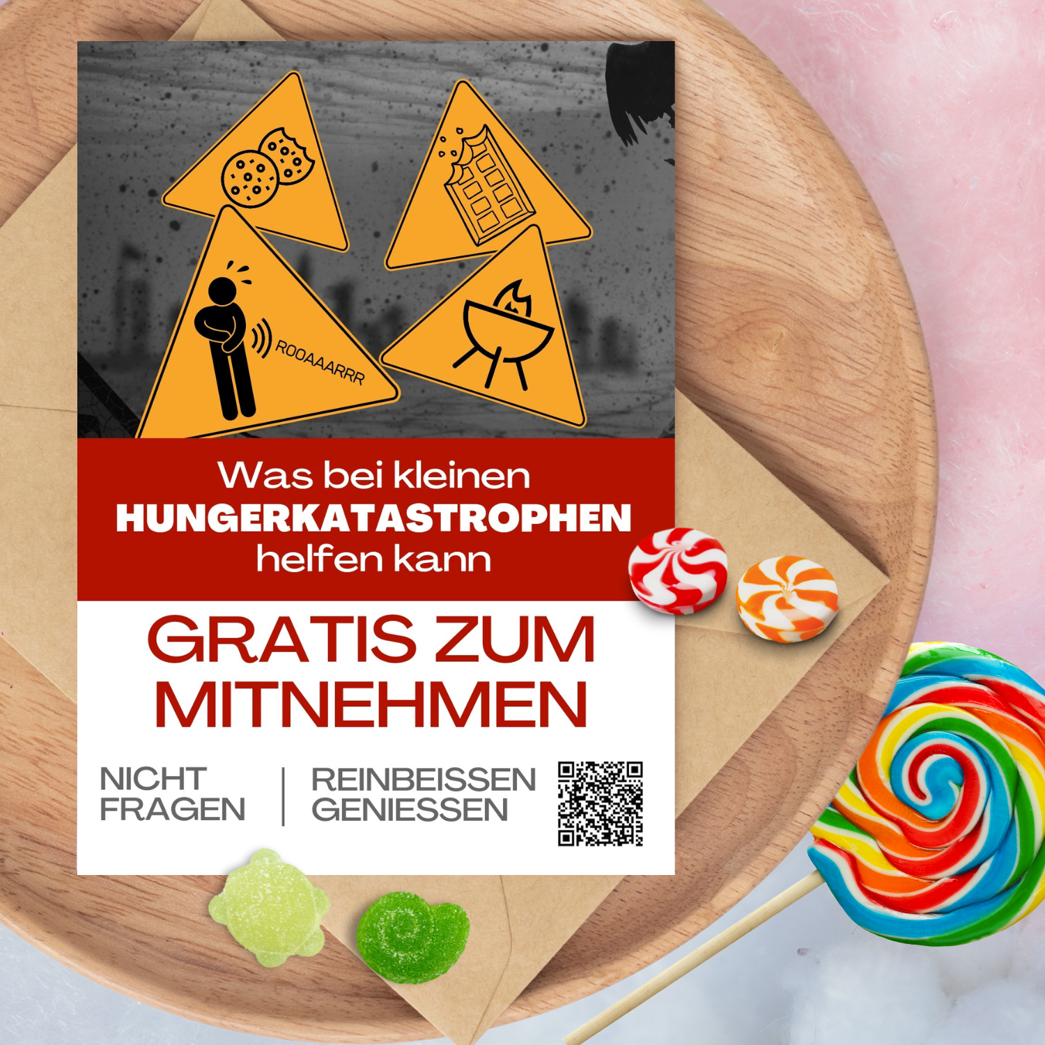 Postkarte "Hungerkatastrophe" mit humorvollem Motiv, inspiriert von der Idee, wie Süßigkeiten jede Hungerkatastrophe überstehen helfen. Perfekt für die Pionierschule, Ältestenschule oder als fröhliche Aufmunterung.