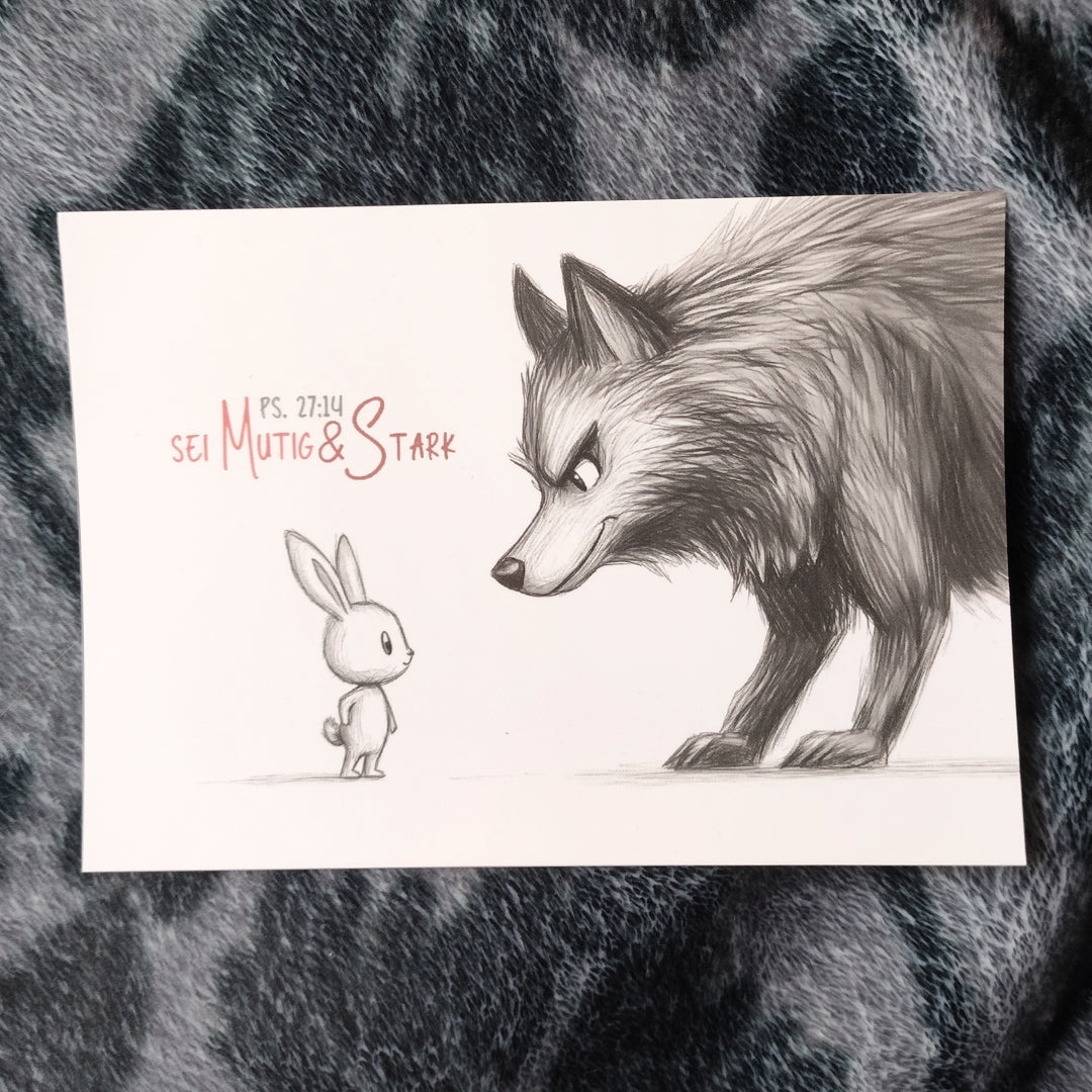 Postkarte "Mutig und stark" mit detailreicher Bleistiftzeichnung: ein Hase steht mutig einem Wolf gegenüber, inspiriert von Psalm 27:14 „Sei mutig und stark“. Perfekt als Ermutigung in schwierigen Zeiten.
