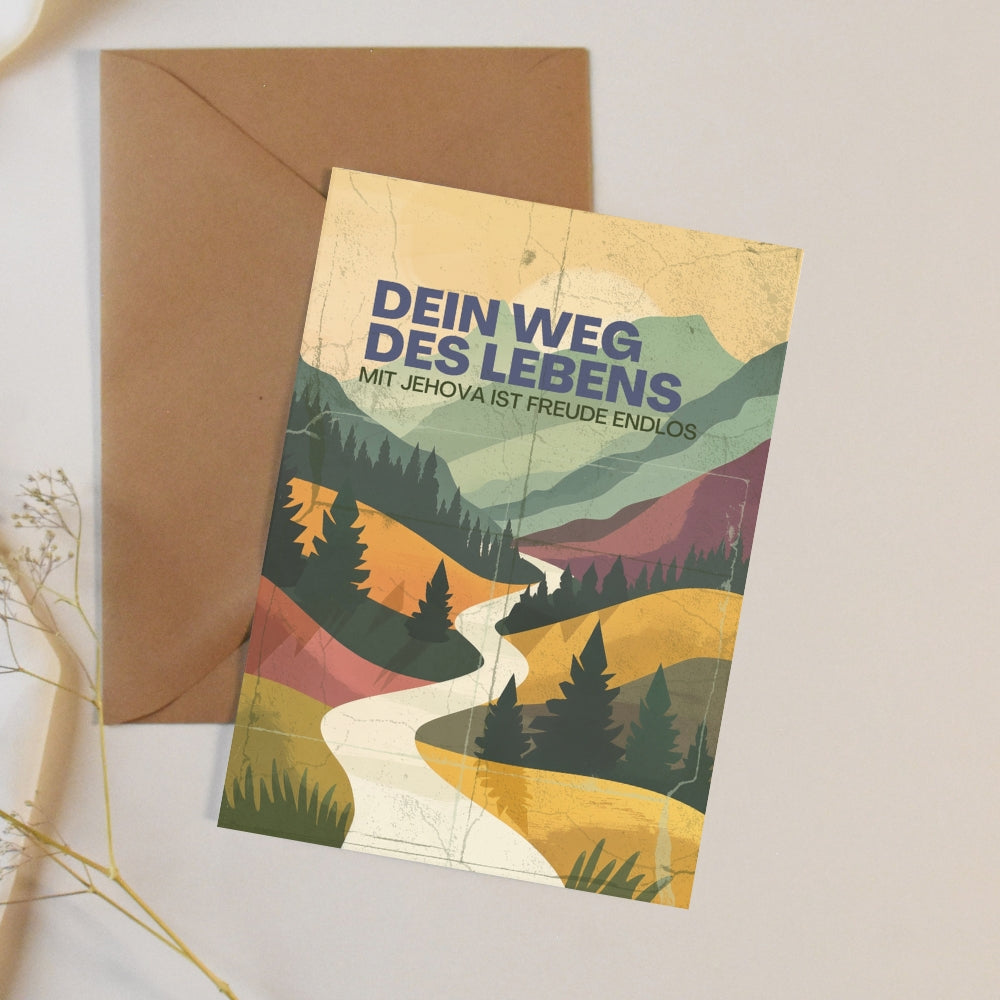 Postkarte mit inspirierender Botschaft über die unerschütterliche Freude, die wir mit Jehova erleben. Perfekt als Ermutigung oder Erinnerung für Freunde und Glaubensgeschwister.