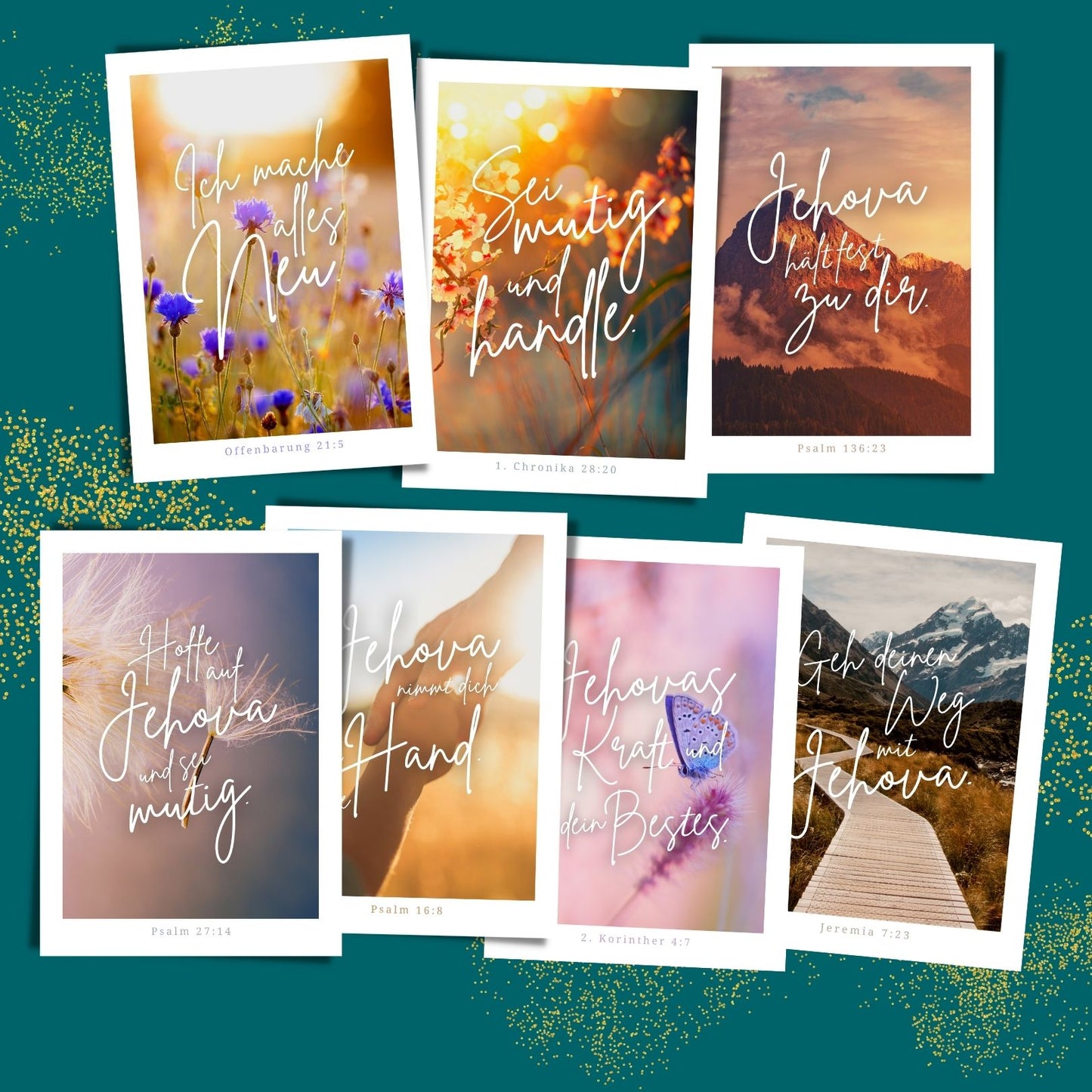 Postkarten-Paket "Motiv+Spruch" mit sieben liebevoll gestalteten Karten, inspirierenden Motiven und ermutigenden Sprüchen. Ideal als Ermunterung, Dankeschön oder dekorativer Blickfang.