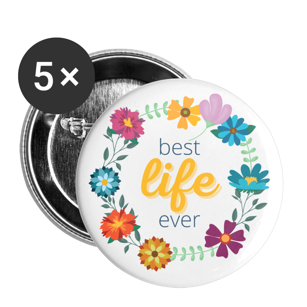 Ein Blumenkranz umschließt den Text "best life ever". Es gibt 5 Buttons in einem Paket.